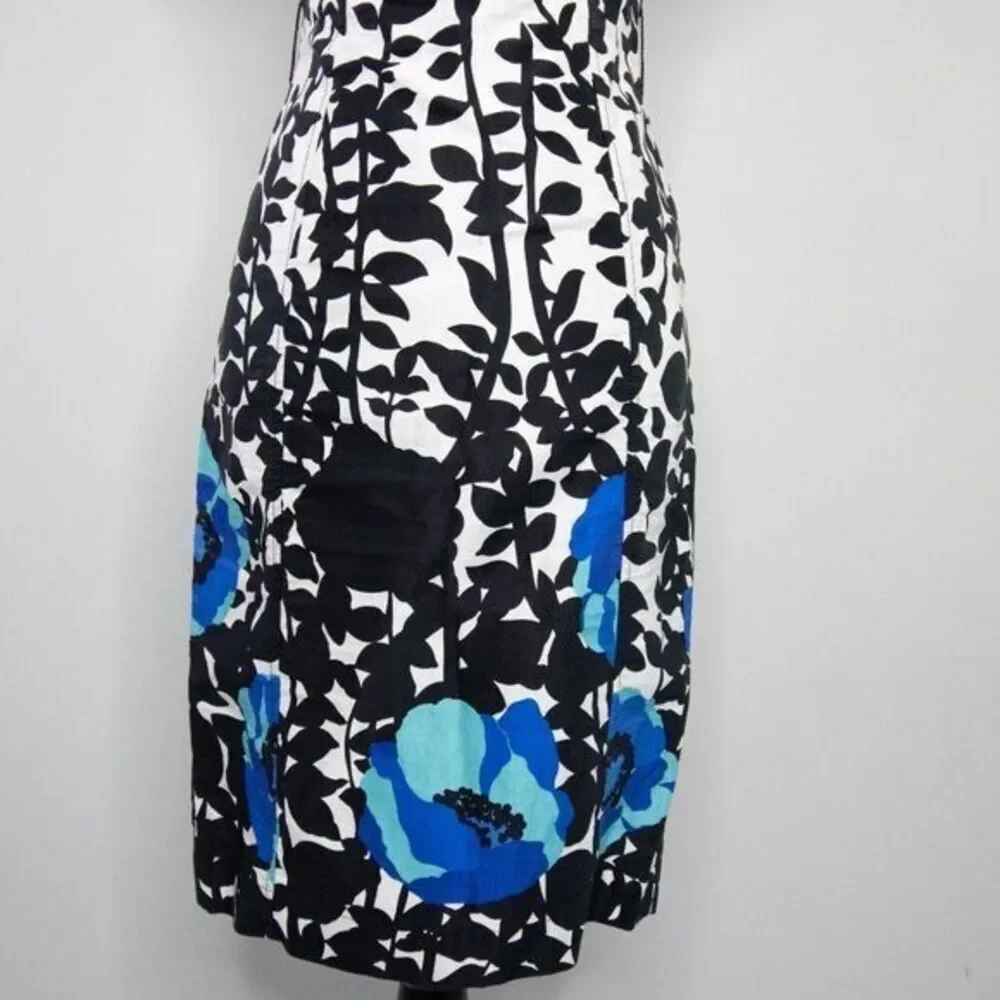 Vintage floral print black white, square neck,‎ bubble short sleeve sheath dress